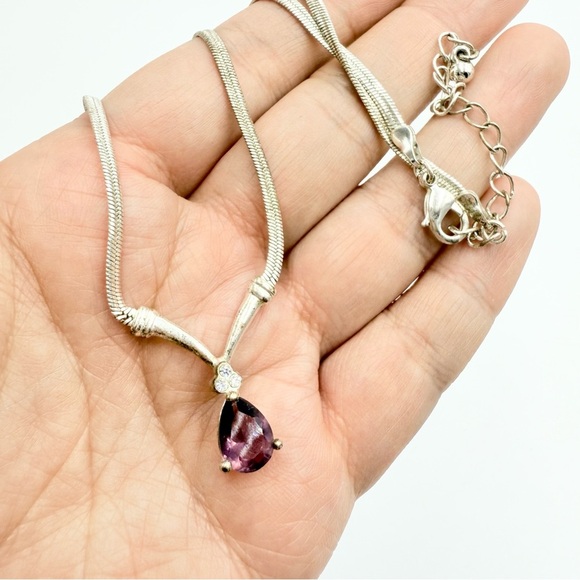 Vintage Avon Silver Tone Faux Amethyst Glass Stone Rhinestone Pendant Necklace - Picture 1 of 9